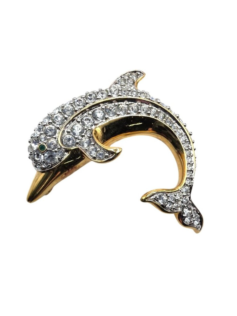 Dolphin Brooch swarovski crystal Gold-Tone Green Eyes ocean animal jewelry